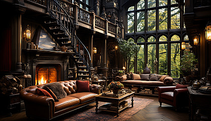Old library with towering bookshelves, a grand fireplace, antique furniture, and a large window with a view of a moonlit garden.