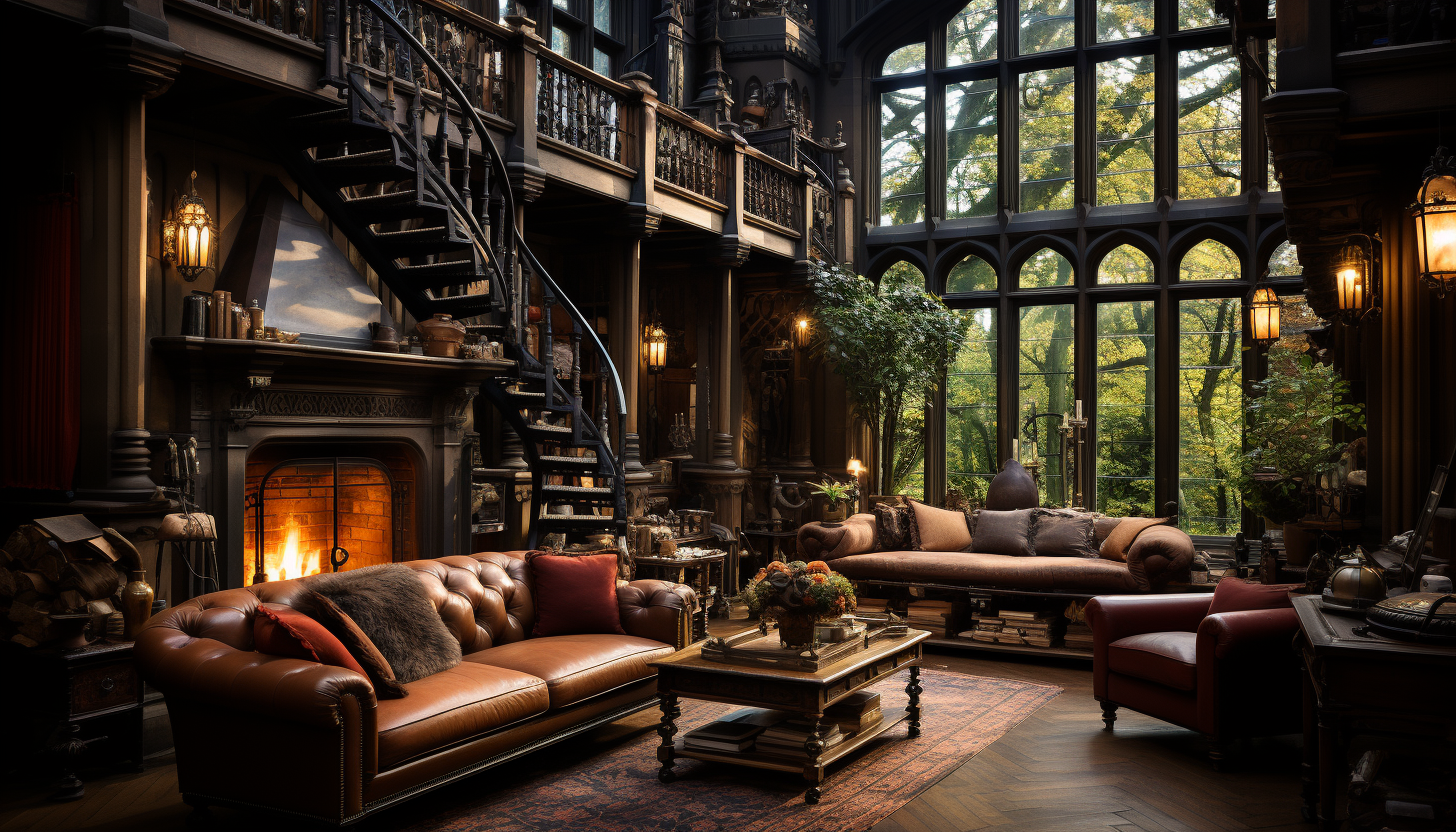 Old library with towering bookshelves, a grand fireplace, antique furniture, and a large window with a view of a moonlit garden.