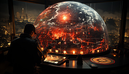 High-tech command center with large holographic displays, control stations, and crew members in uniform engaged in a space mission.