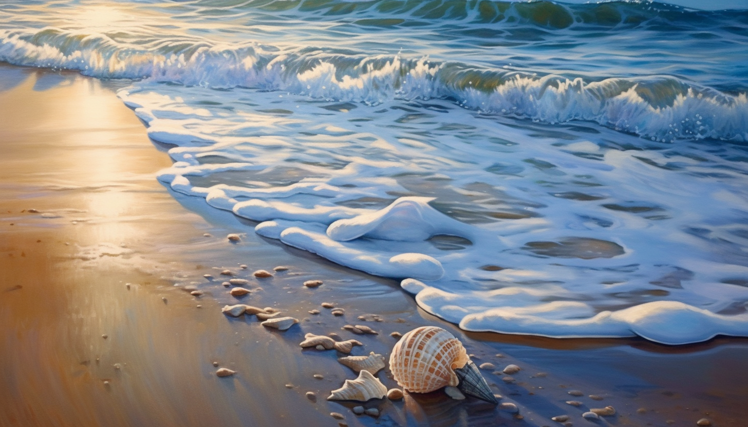Gentle waves lapping at a sandy, seashell-strewn beach.