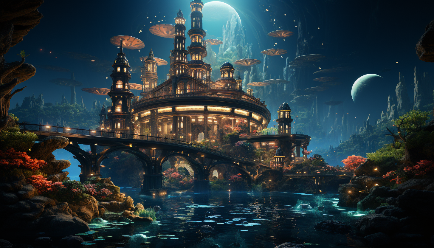 Futuristic underwater city with dome structures, bioluminescent plants, diverse marine life, and submarines navigating the waters.