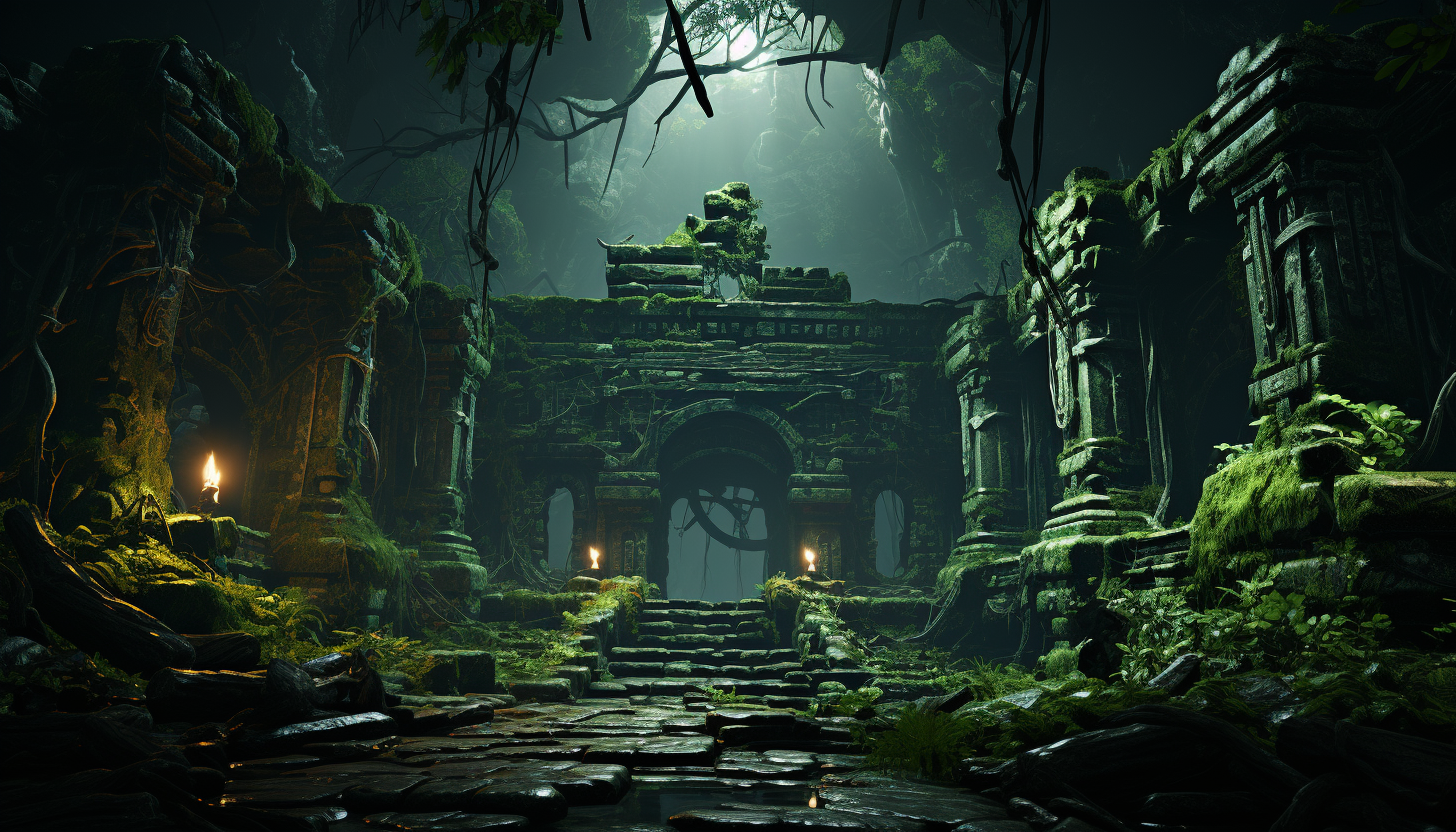 Abandoned ancient temple in a jungle, overgrown with vines, hidden statues, and a mysterious glowing artifact at its heart.