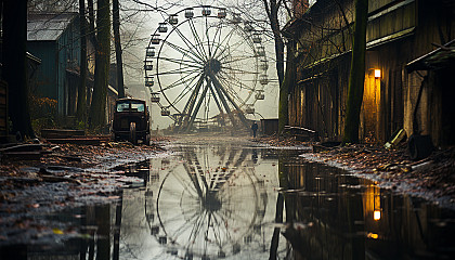 Abandoned amusement park overtaken by nature, with a rusting Ferris wheel, overgrown roller coaster tracks, and a misty, mysterious atmosphere.