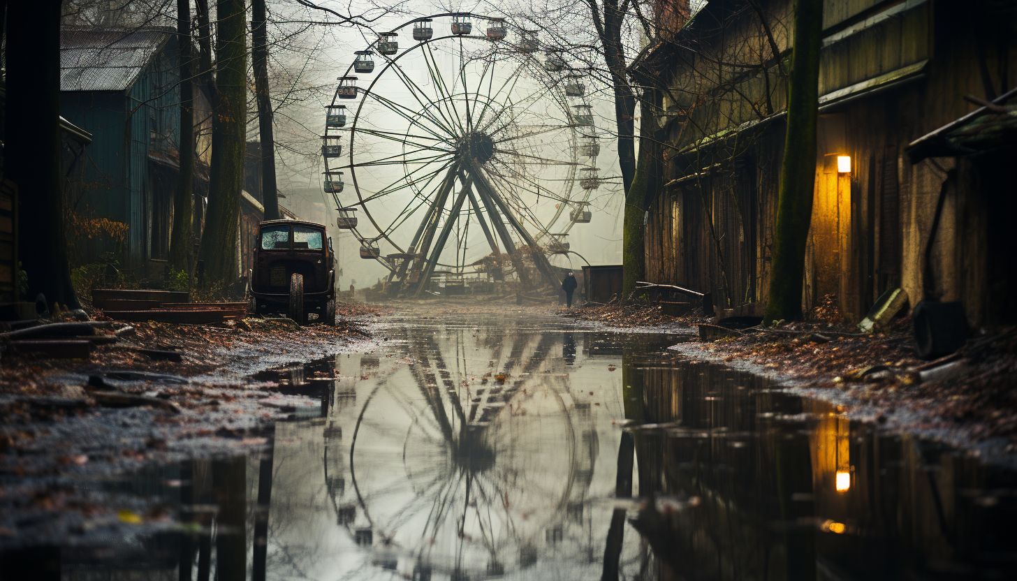 Abandoned amusement park overtaken by nature, with a rusting Ferris wheel, overgrown roller coaster tracks, and a misty, mysterious atmosphere.