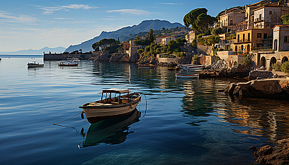 Mediterranean coastal village at sunset, with white-washed houses, blue-domed churches, terracotta rooftops, and sailboats in the harbor.