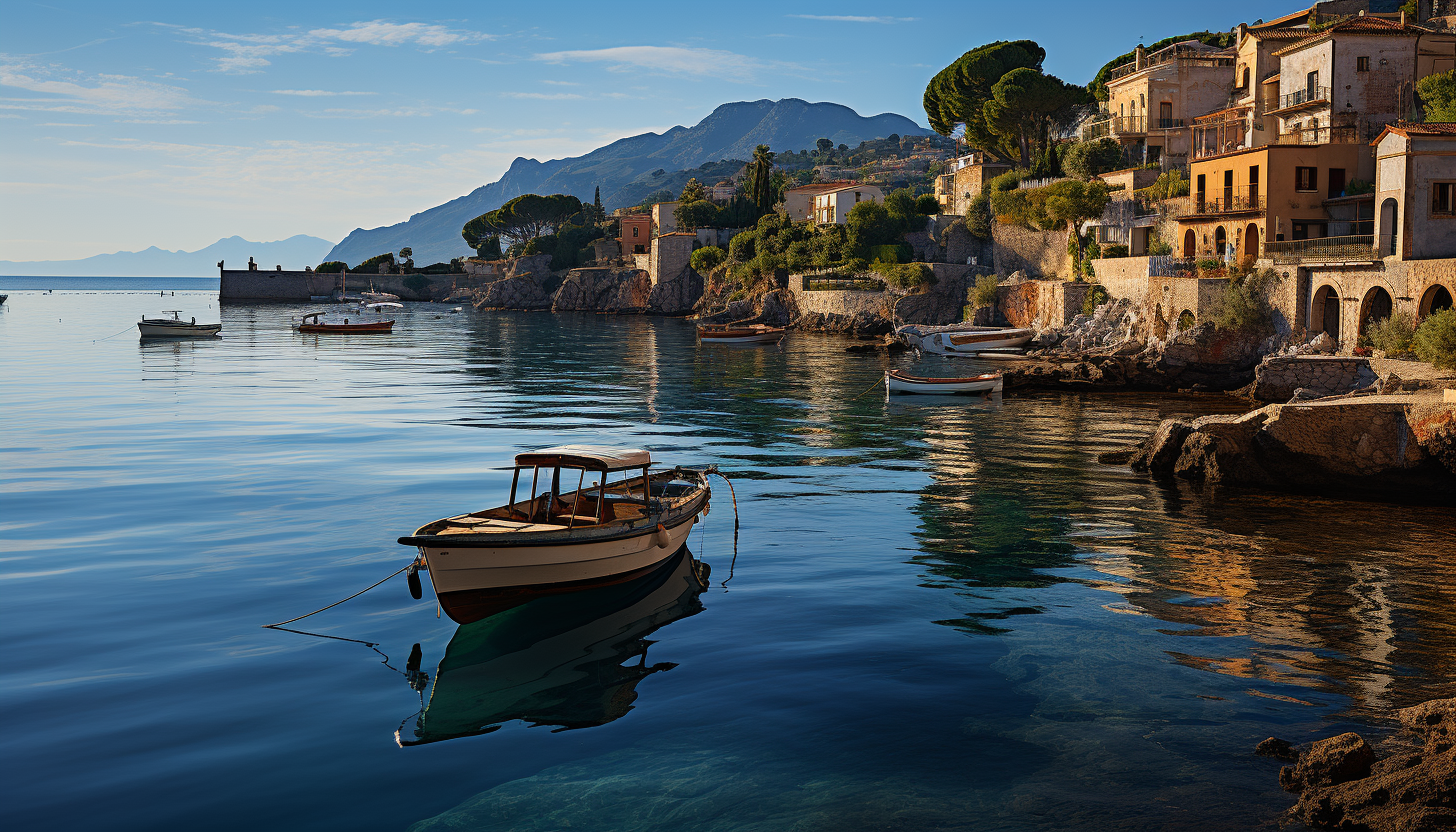 Mediterranean coastal village at sunset, with white-washed houses, blue-domed churches, terracotta rooftops, and sailboats in the harbor.