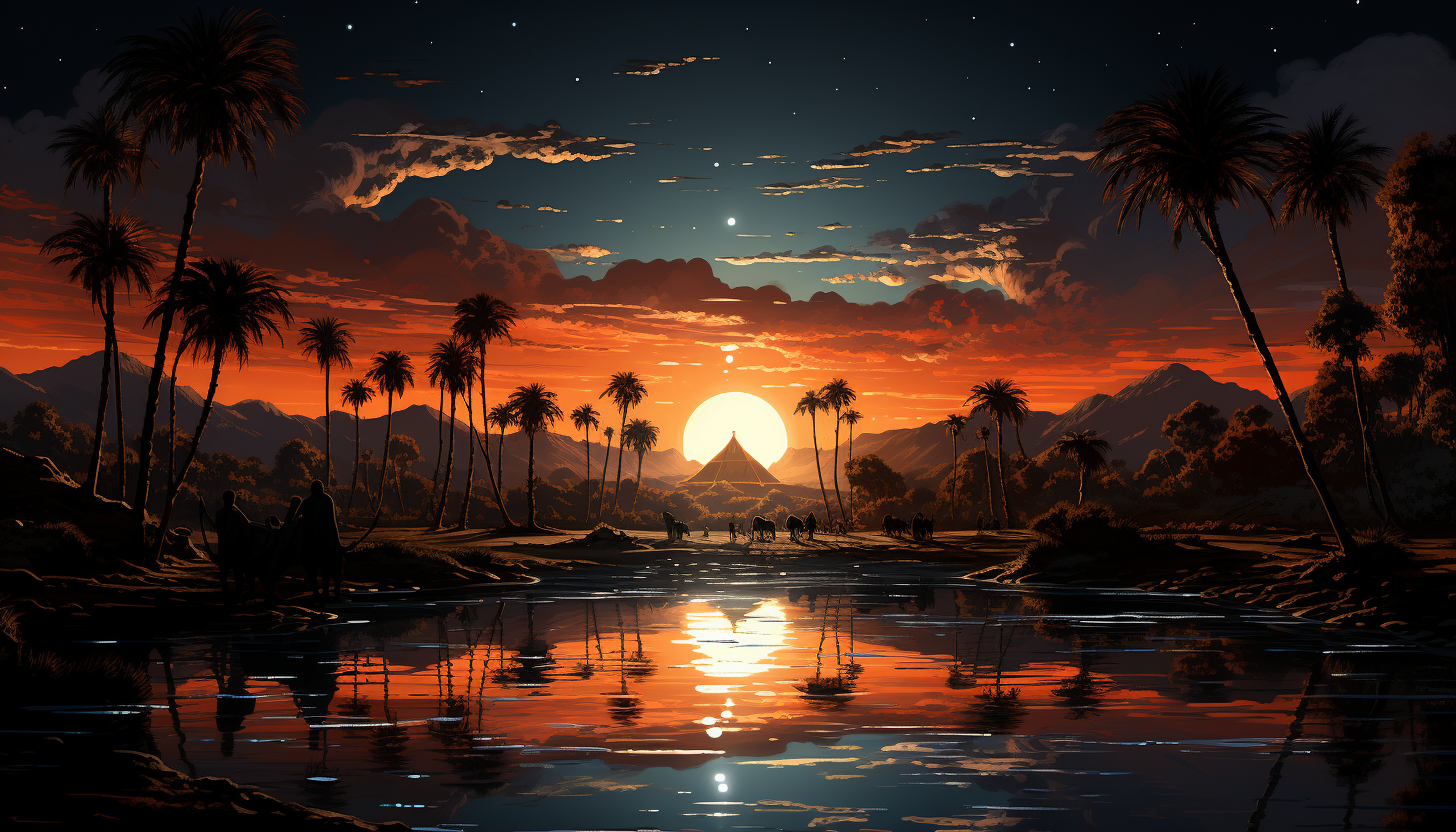 Desert oasis at sunset, featuring a tranquil pond, palm trees, camels resting, and a Bedouin tent under a starry sky.