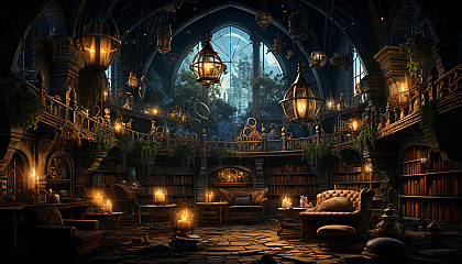 Ancient library with towering bookshelves, mystical tomes, a grand fireplace, and globes of softly glowing enchanted light.