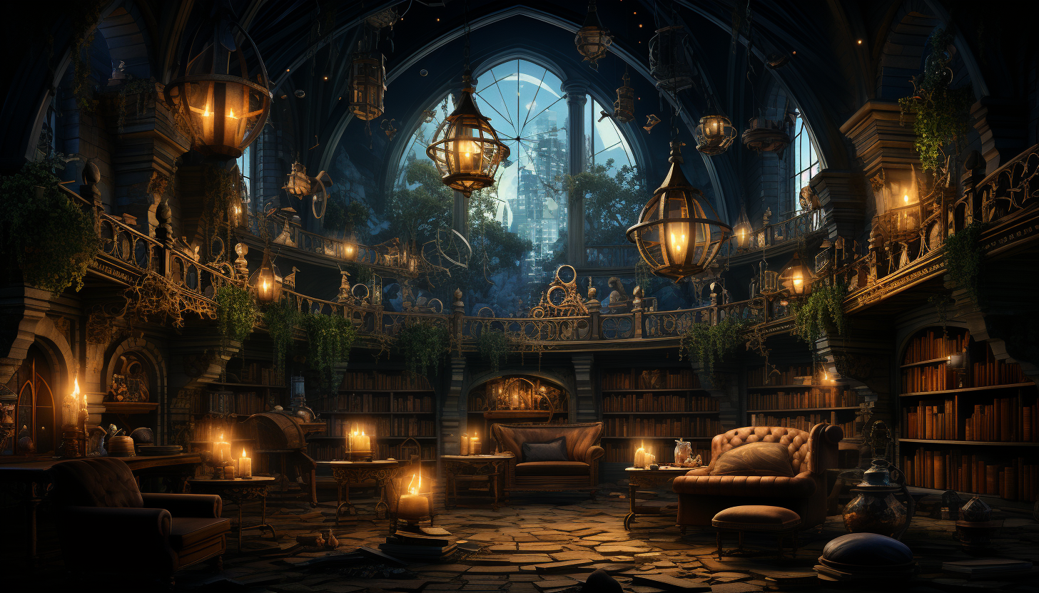 Ancient library with towering bookshelves, mystical tomes, a grand fireplace, and globes of softly glowing enchanted light.