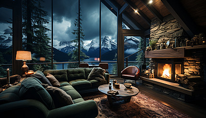 Cozy mountain cabin at night, with a roaring fireplace, snow falling outside, and a view of the northern lights through the window.