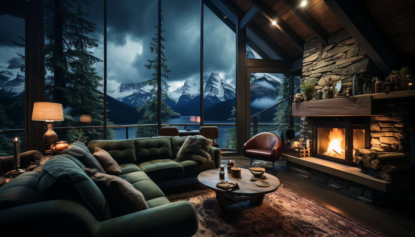 Cozy mountain cabin at night, with a roaring fireplace, snow falling outside, and a view of the northern lights through the window.