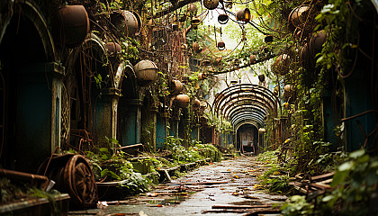 An abandoned amusement park overtaken by nature, rusting rides, overgrown paths, and a hauntingly beautiful atmosphere.