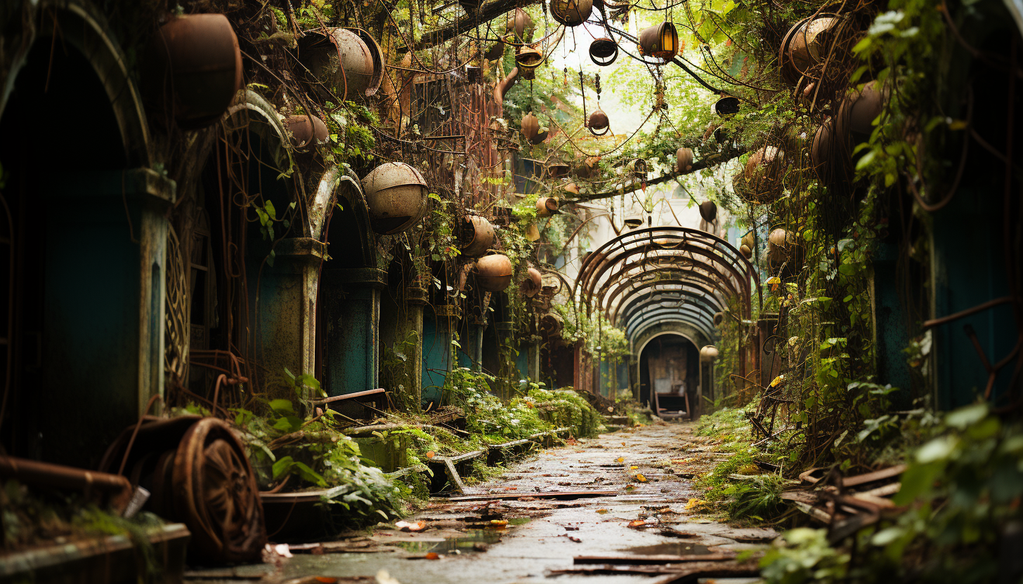 An abandoned amusement park overtaken by nature, rusting rides, overgrown paths, and a hauntingly beautiful atmosphere.