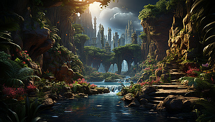 Lush rainforest canopy, vibrant tropical birds, a hidden waterfall, and ancient ruins covered in vines.