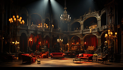 Grand opera house interior, with opulent gold and red décor, a grand chandelier, velvet curtains, and an audience in period attire.