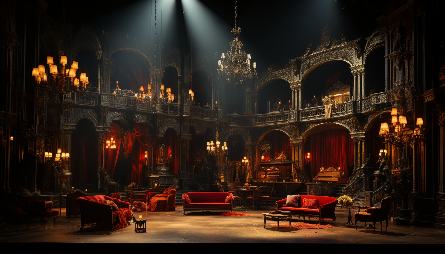 Grand opera house interior, with opulent gold and red décor, a grand chandelier, velvet curtains, and an audience in period attire.