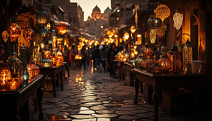 Traditional Moroccan bazaar at dusk, vibrant fabrics, intricate lanterns, spice stalls, and bustling crowds in a narrow alley.