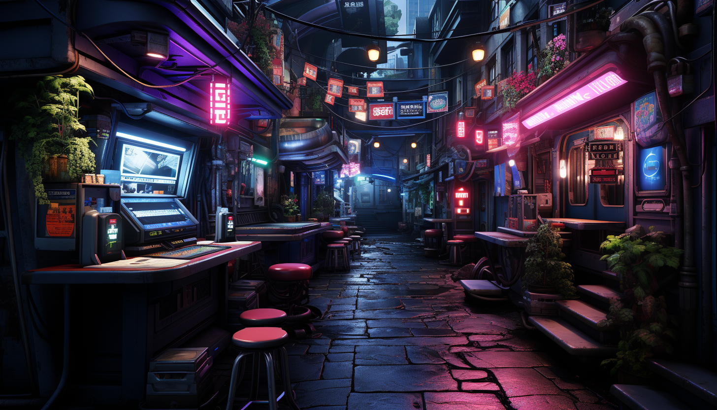 Cyberpunk alleyway bustling with activity, neon signs in multiple languages, diverse characters, and high-tech gadgets on display.