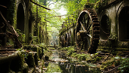 Abandoned amusement park reclaimed by nature, with overgrown roller coasters, a rusty Ferris wheel, and wild animals roaming freely.