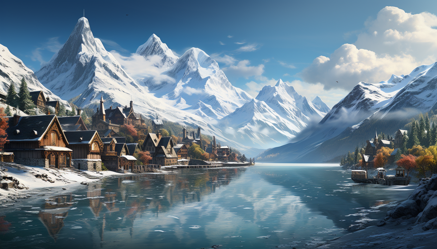 Serene Alpine village in winter, with snow-covered chalets, a frozen lake, skiers, and a backdrop of majestic mountains.