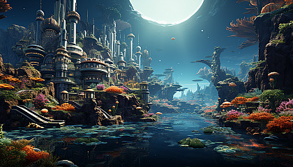 Undersea exploration with a submarine discovering an ancient, sunken city, surrounded by diverse marine life and coral formations.