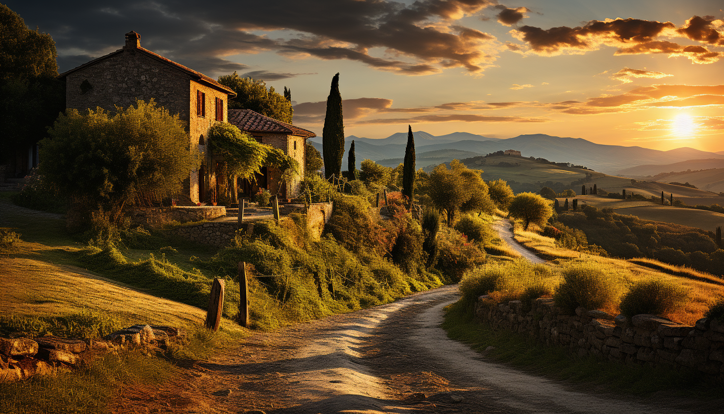 Lush vineyard landscape in Tuscany, with rolling hills, grapevines in neat rows, a rustic stone villa, and the setting sun casting golden hues.