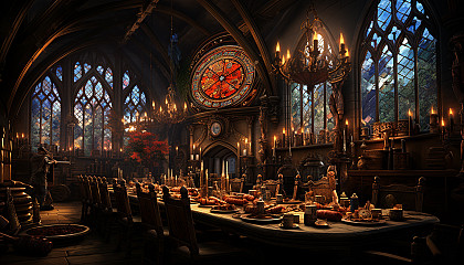 Grand medieval banquet hall, with a long wooden table laden with feasts, tapestries on the walls, and knights and nobles celebrating.