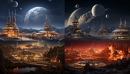 A bustling spaceport on Mars, with terraforming domes, futuristic vehicles, astronauts, and a red Martian landscape.