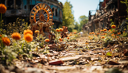 Abandoned amusement park reclaimed by nature, overgrown roller coasters, a rusty Ferris wheel, and wildflowers blooming among the rides.