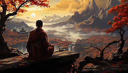 A peaceful mountain monastery during autumn, with monks in meditation, vibrant fall colors, and misty mountains in the distance.