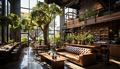 Modern coffee shop interior with minimalist design, large communal tables, a variety of plants, and baristas crafting artisanal drinks.