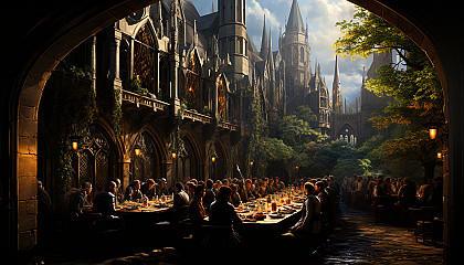 Grand medieval banquet hall, with a royal feast, ornate tapestries, knights, and minstrels in a castle setting.