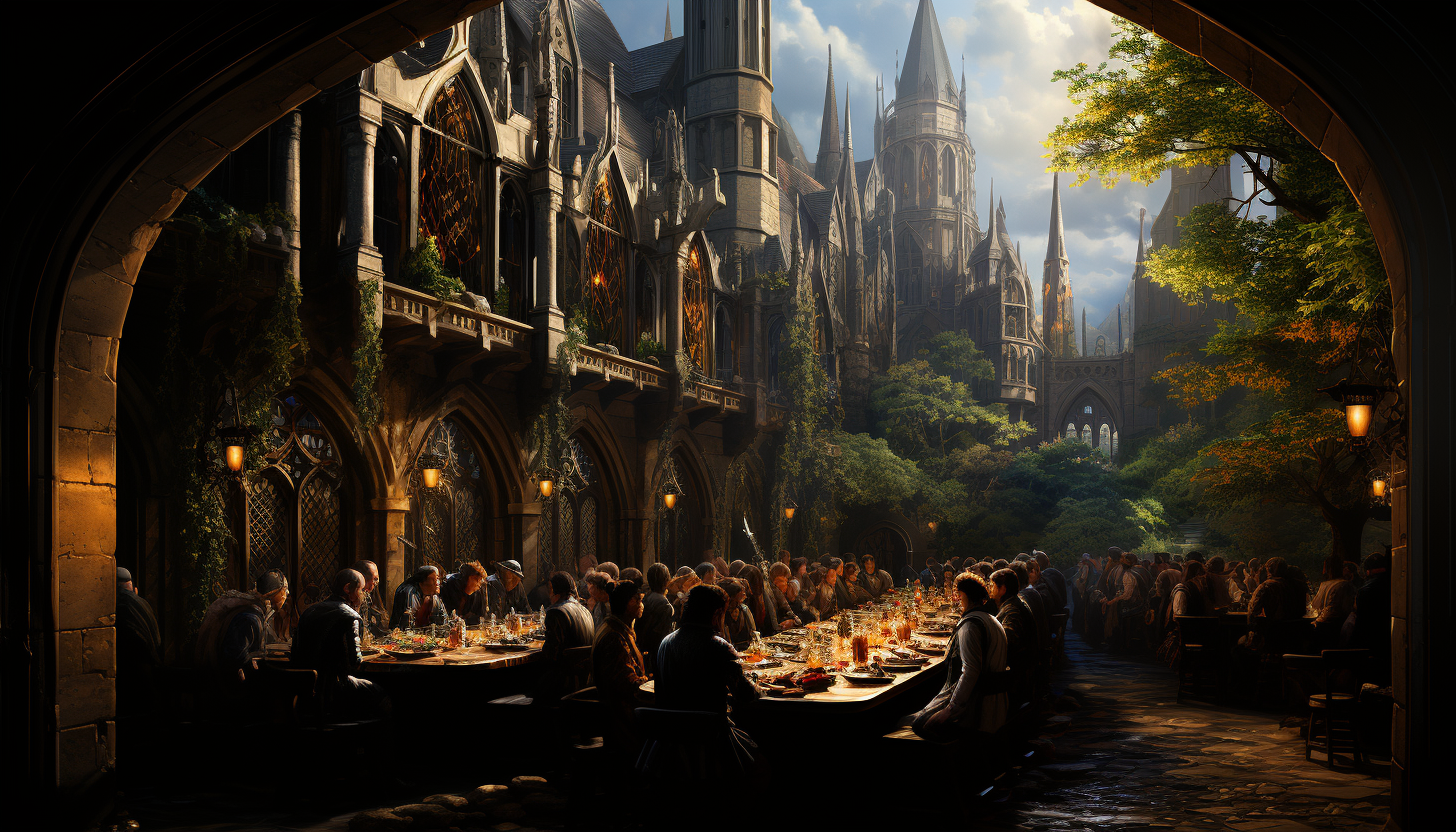 Grand medieval banquet hall, with a royal feast, ornate tapestries, knights, and minstrels in a castle setting.