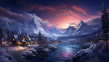 Traditional Scandinavian village in winter, with snow-covered cottages, a frozen lake, northern lights in the sky, and a reindeer herd.