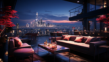 High-tech urban rooftop lounge at night, with sleek furniture, ambient lighting, holographic displays, and a view of neon-lit skyscrapers.