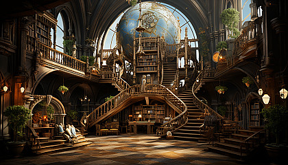 Grand library with towering bookshelves, spiral staircases, ancient manuscripts, and a large globe in the center.