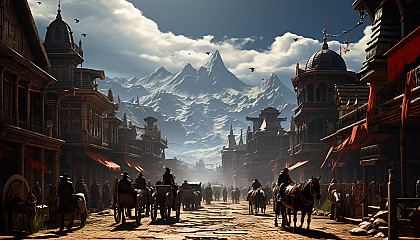 Old Western town at high noon, with dusty streets, saloons, horse-drawn carriages, and cowboys in a standoff.