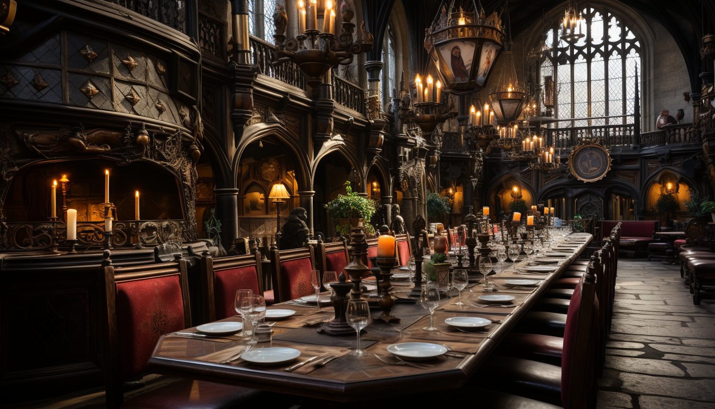 Grand medieval banquet hall, with a long feasting table, tapestries on the walls, knights and nobles in period attire, and a roaring fireplace.