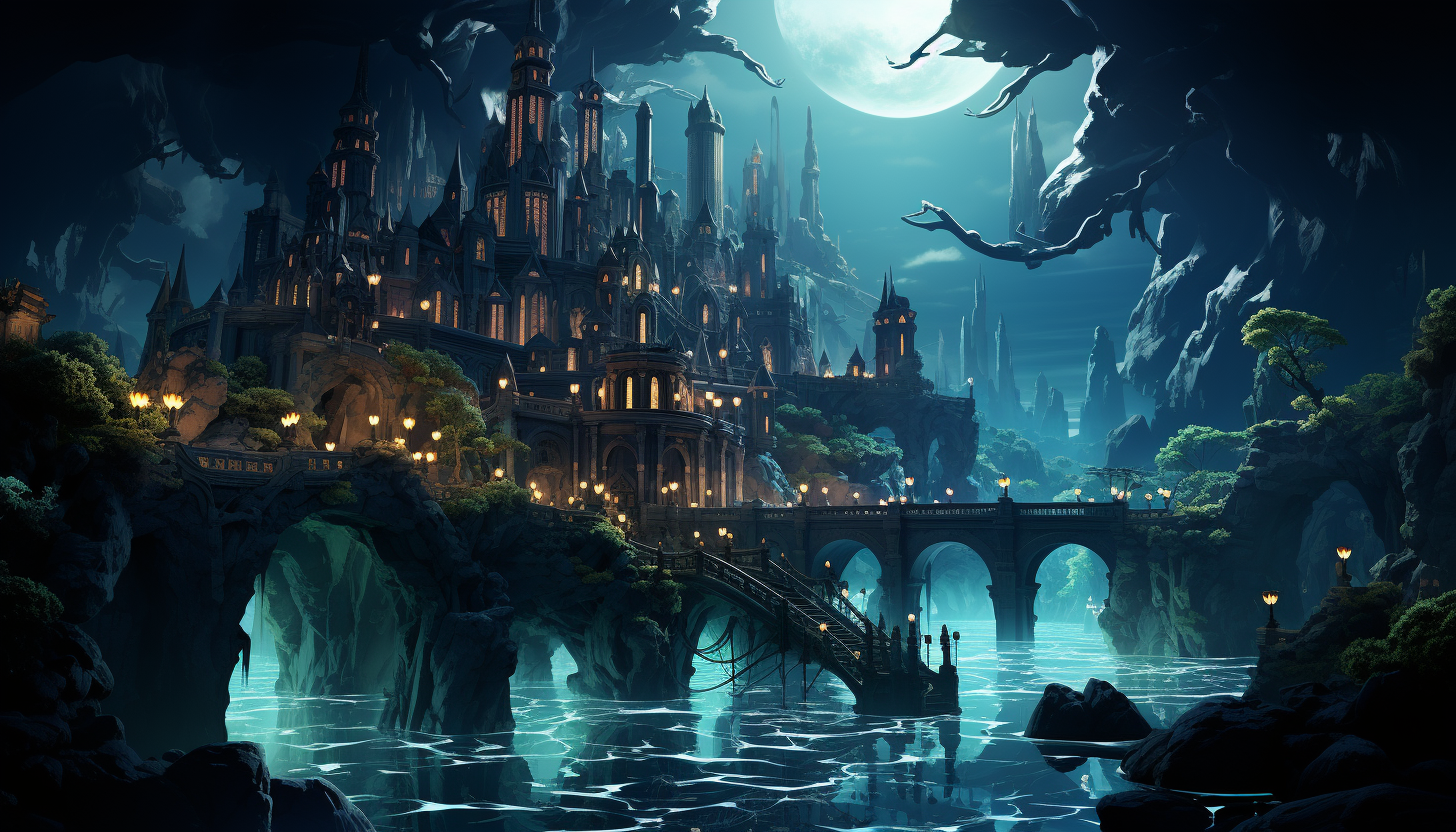 Underwater Atlantis-like city with ancient ruins, bioluminescent sea life, mermaids, and a bubble-like protective shield.