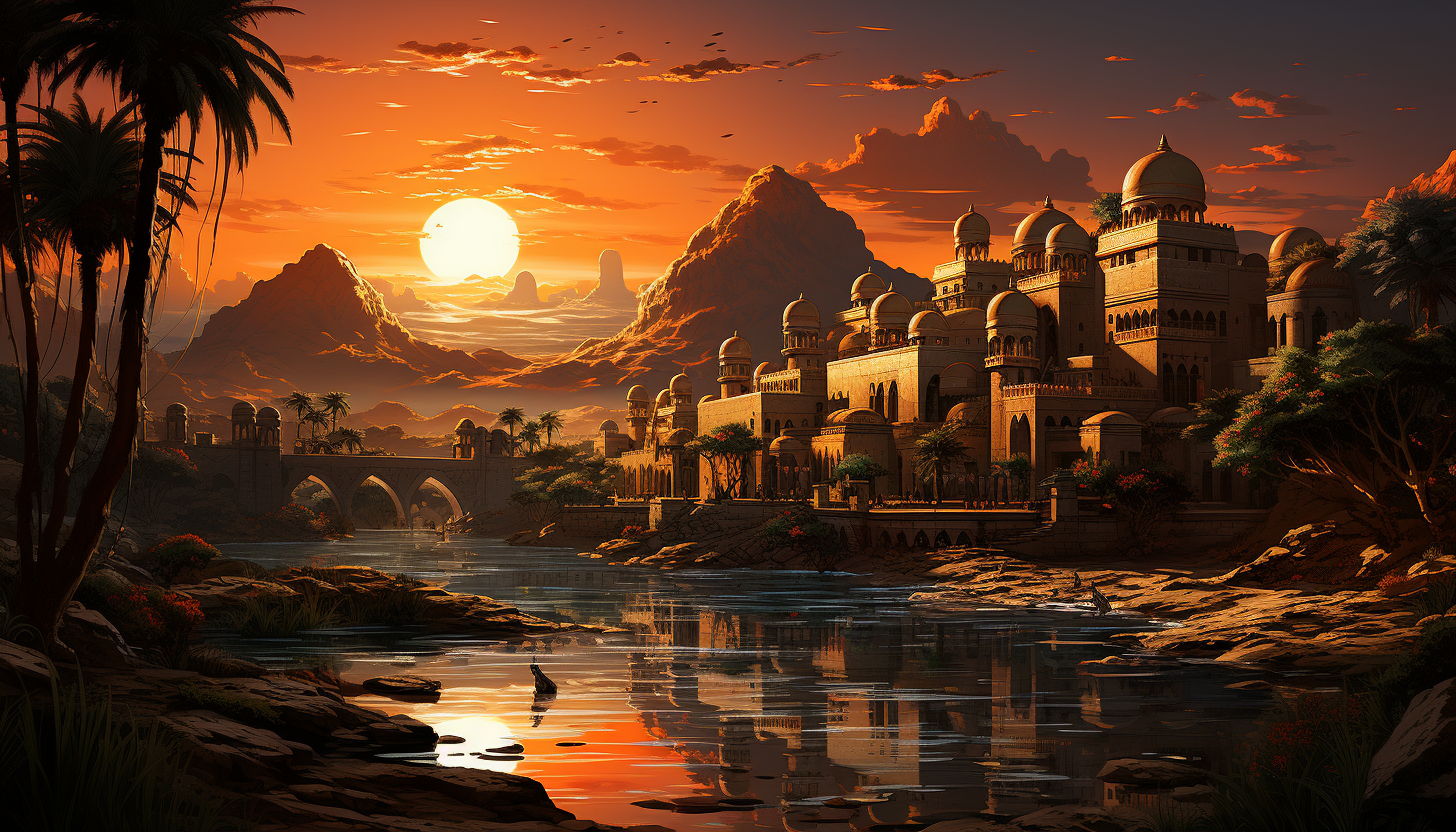 Desert oasis at sunset, featuring palm trees, a tranquil pond, camels resting, and ancient ruins silhouetted against the orange sky.