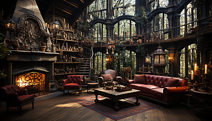 Grand library in a medieval castle, towering bookshelves, ancient manuscripts, a large fireplace, and stained glass windows casting colorful light.