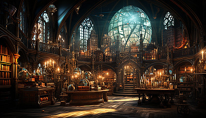 Ancient library filled with towering bookshelves, mysterious artifacts, a grand globe, and soft light filtering through stained glass windows.