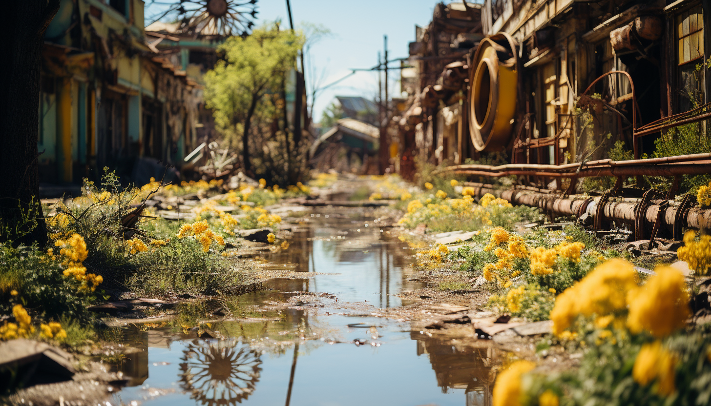 Abandoned amusement park reclaimed by nature, overgrown roller coasters, a rusting Ferris wheel, and wildflowers everywhere.