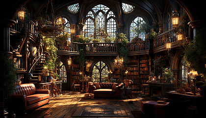 Ancient library filled with towering bookshelves, secret passages, antique globes, and a large, ornate window casting sunlight on the dusty tomes.