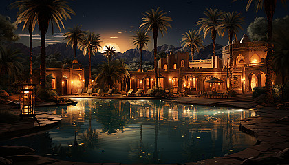 Desert oasis at night, with a star-filled sky, Bedouin tents, a serene pool of water, and camels resting by palm trees.