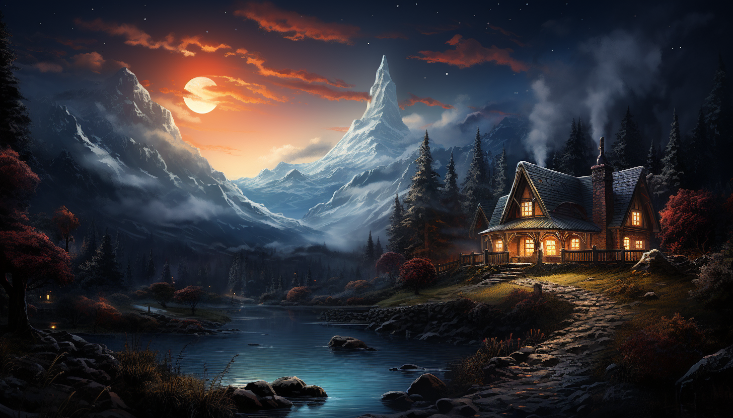 A cozy, snow-covered log cabin in the woods, smoke rising from the chimney, deer grazing nearby, under a star-filled night sky.