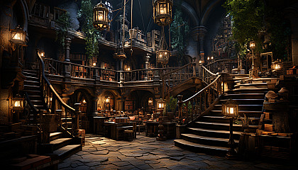 Ancient library with towering bookshelves, spiral staircases, dimly lit by hanging lanterns, and old maps sprawled on wooden tables.