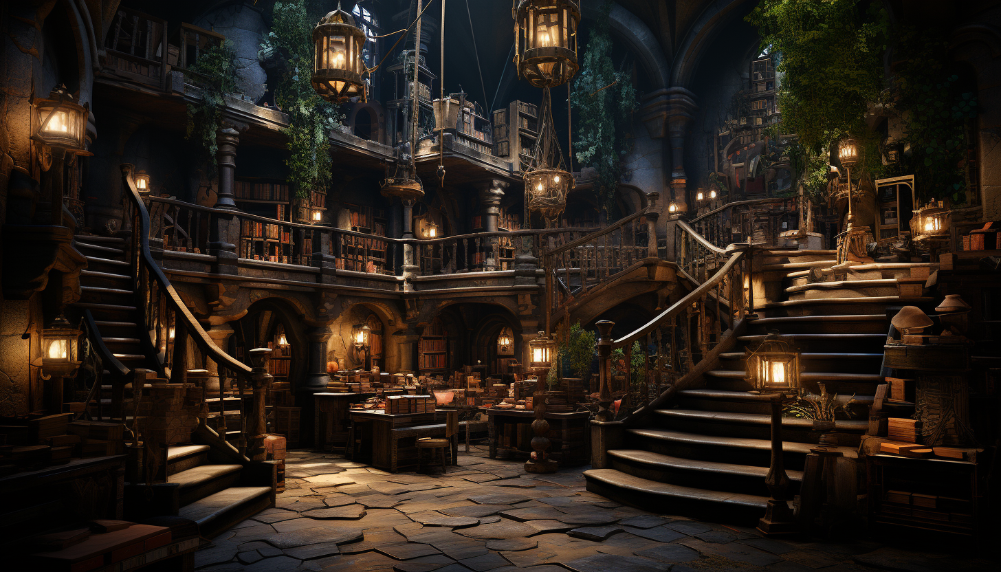 Ancient library with towering bookshelves, spiral staircases, dimly lit by hanging lanterns, and old maps sprawled on wooden tables.