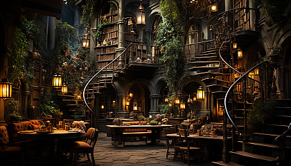 Ancient library with towering bookshelves, spiral staircases, dimly lit by hanging lanterns, and old maps sprawled on wooden tables.