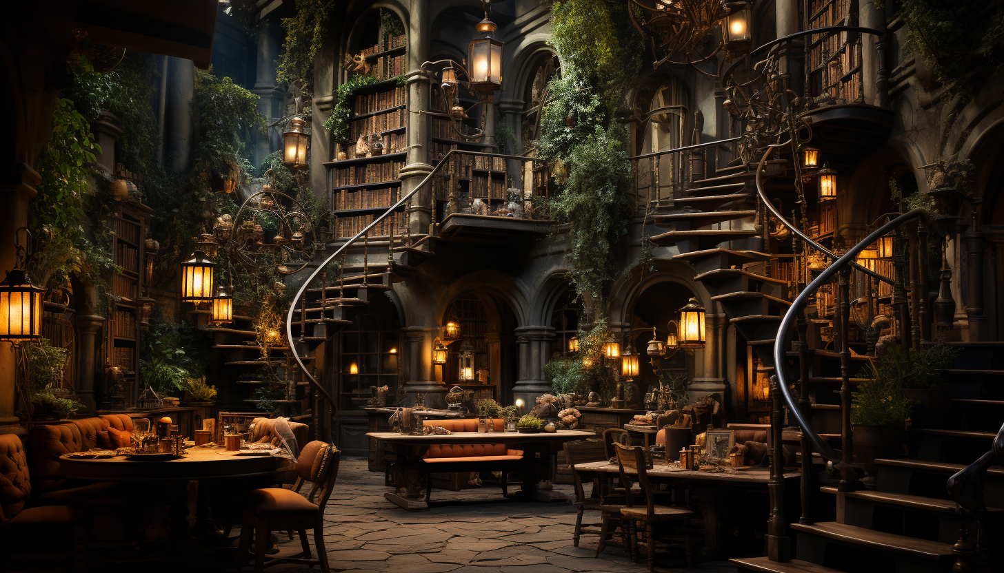 Ancient library with towering bookshelves, spiral staircases, dimly lit by hanging lanterns, and old maps sprawled on wooden tables.